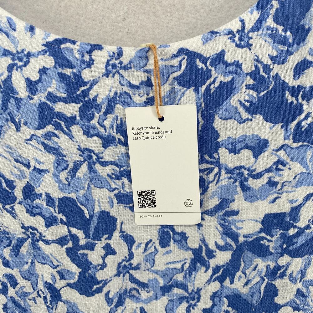 QUINCE Dress M Linen Scoop Neck Midi Sleeveless Floral Smocked Back Blue NEW - Picture 10 of 16